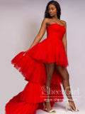 Strapless Ruffle Tulle High Low Ball Gown Tiered Simple Prom Dress ARD2596-SheerGirl