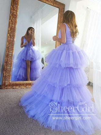 Strapless Ruffle Tulle High Low Ball Gown Tiered Simple Prom Dress