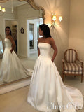 Strapless Simple Ivory Satin A Line Pleated Wedding Dresses with Court Train Bridal Dresses AWD1676-SheerGirl