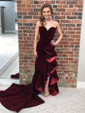 Strapless Sweetheart Burgundy Velvet Mermaid Prom Dresses with Slit APD3358-SheerGirl