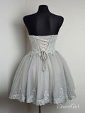 Strapless Sweetheart Neck Grey Homecoming Dresses Lace Appliqued Short Prom Dresses,apd2582-SheerGirl