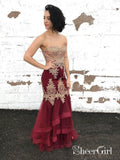 Sweetheart Burgundy Lace Mermaid Prom Dresses Muti-Layered Organza Evening Ball Gowns APD3414-SheerGirl