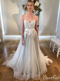 Sweetheart Neck A Line Silver Grey Wedding Dresses with Sweep Train AWD1350-SheerGirl