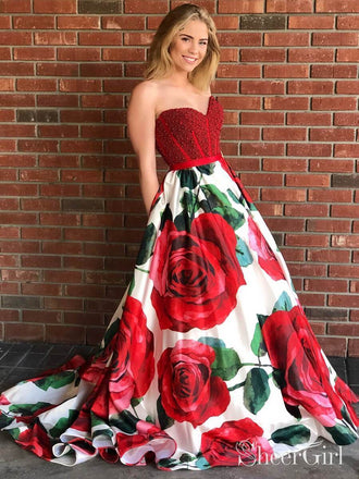 Red Floral Prom Dresses Satin Strapless Plus Size Long Prom Dresses Ch –  SheerGirl