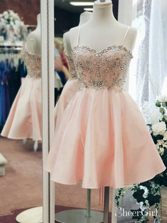 Short Blush Pink Homecoming Dresses Lace Top Cute Junior Homecoming Dresses  – SheerGirl