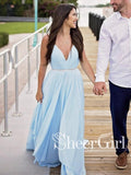 Thigh Split Sky Blue Rustic Wedding Dresses Beach Wedding Gown with Court Train ARD1325-SheerGirl