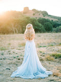 Thigh Split Sky Blue Rustic Wedding Dresses Beach Wedding Gown with Court Train ARD1325-SheerGirl