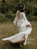 Trumpet Long Sleeve Lace Wedding Dresses Lace Up Back Beach Wedding Dress AWD1785-SheerGirl