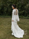 Trumpet Long Sleeve Lace Wedding Dresses Lace Up Back Beach Wedding Dress AWD1785-SheerGirl