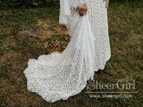 Trumpet Long Sleeve Lace Wedding Dresses Lace Up Back Beach Wedding Dress AWD1785-SheerGirl