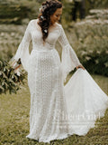 Trumpet Long Sleeve Lace Wedding Dresses Lace Up Back Beach Wedding Dress AWD1785-SheerGirl