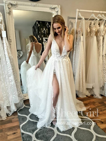 Sexy Lace & Tulle Plunging Neckline Slit Wedding Dress - Xdressy