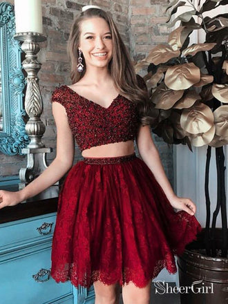 Red Lace High Low Homecoming Dresses Spaghetti Strap Satin Prom