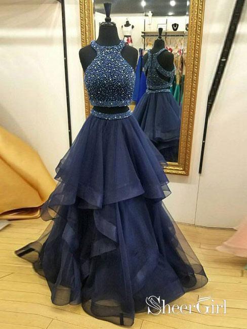 A Line V Neck Navy Blue Prom Dresses 2024 Lace Cheap Formal Dresses –  MyChicDress