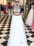 Two Piece Halter Embroidered Boho Prom Dresses White A Line Long Formal Dresses APD1917-SheerGirl