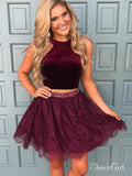 Two Piece Halter Lace Skirt Burgundy Homecoming Dresses with Rhinestone ARD1779-SheerGirl