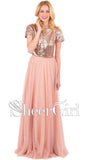 Two Piece Long Bridesmaid Dresses Short Sleeve Dusty Rose Bridesmaid Dresses ARD1190-SheerGirl