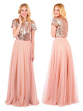 Two Piece Long Bridesmaid Dresses Short Sleeve Dusty Rose Bridesmaid Dresses ARD1190-SheerGirl