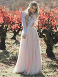 Two Piece Long Sleeve Lace Wedding Dresses Blush Pink Boho Beach Wedding Dress AWD1257-SheerGirl