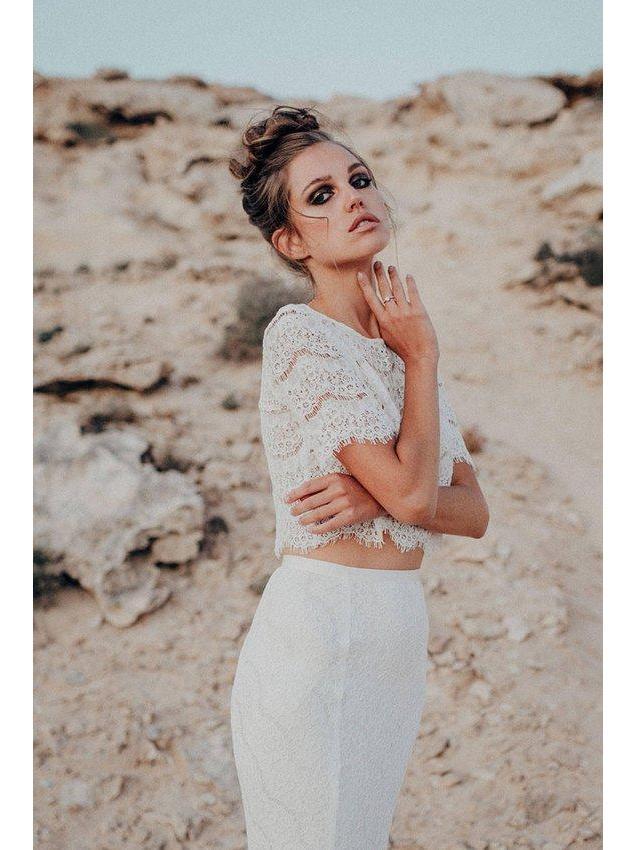Two Piece Mermaid Wedding Dresses Short Sleeve Lace Beach Wedding Dress –  SheerGirl