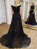 Two Piece Off the Shoulder Black Prom Dress See Through Beaded Split Evening Dress APD3435-SheerGirl