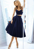 Two Piece V-neck Homecoming Dresses 2018,Satin Navy Blue Short Prom Dresses MCL1003-SheerGirl