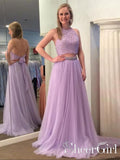 Two Pieces Lilac Appliqued Party Dress Halter Neckline Beadings Sash Long Prom Dress ARD2529-SheerGirl