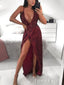 Unique Design Single Spaghetti Sequins Party Dress Burgundy Plounge Neckline Wraped High Slit Prom Dress ARD2569