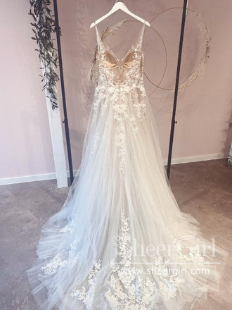 Illusion and Lace halter neck and racerback A-line Wedding Dress with Sweep  Train AWD1784