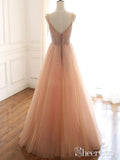 V Neck A Line Lace Up Back Evening Dresses Coral Tulle Sequins Prom Dresses ARD2469-SheerGirl