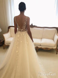 V Neck Lace Wedding Dresses Backless Rustic Wedding Dress AWD1450-SheerGirl