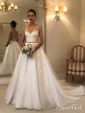 V Neck Lace Wedding Dresses Backless Rustic Wedding Dress AWD1450-SheerGirl