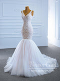 V Neck Puffy Skirt Mermaid Wedding Dress with Re-embroidery and Beadings AWD1795-SheerGirl