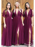 V Neck Short Sleeve Burgundy Long Bridesmaid Dresses Side Slit apd2489-SheerGirl