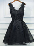 V-neck Black Lace Short Prom Dresses Applique Homecoming Dresses ,apd2487-SheerGirl