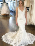 V-neck Lace Appliqued Mermaid Wedding Dresses with Chapel Train SWD0041-SheerGirl