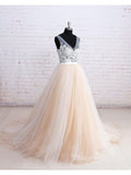 V-neck See-through Bodice Tulle Wedding Dresses with Chapel Train,APD2657-SheerGirl