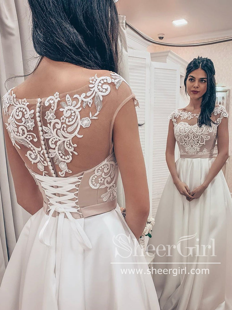 Two Piece A-Line Wedding Dresses Boat Neck Lace Corset Illusion