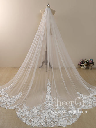 Ombre Pink Floral Lace Ivory Cathedral Veil with Blusher Bridal