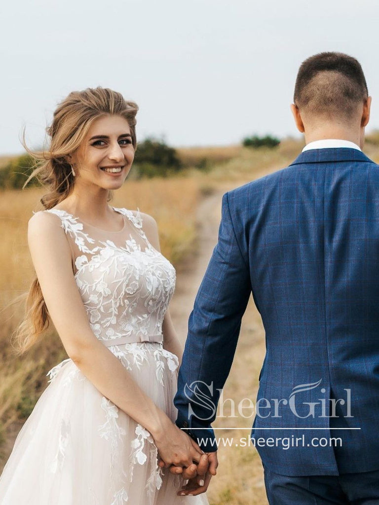 Graceful Lace Applique A-Line Tulle Wedding Dress with Corset Back T3316