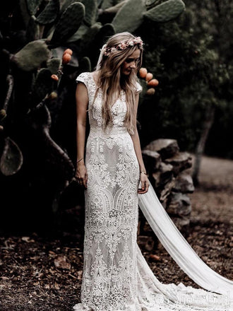 Short Sleeve Boho Wedding Dresses Ivory Lace & Chiffon Rustic