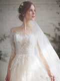 Wedding Dress with 3/4 Long Sleeves and Floral Embroidery Illusion Neckline AWD1674-SheerGirl