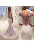 White Lace Appliqued Mermaid Wedding Dresses with Chapel Train SWD0059-SheerGirl