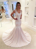 White Lace Appliqued Mermaid Wedding Dresses with Chapel Train SWD0059-SheerGirl