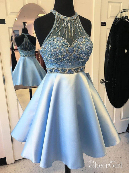 Halter High Neck Beaded Homecoming Dresses Light Blue Satin Prom Short SheerGirl